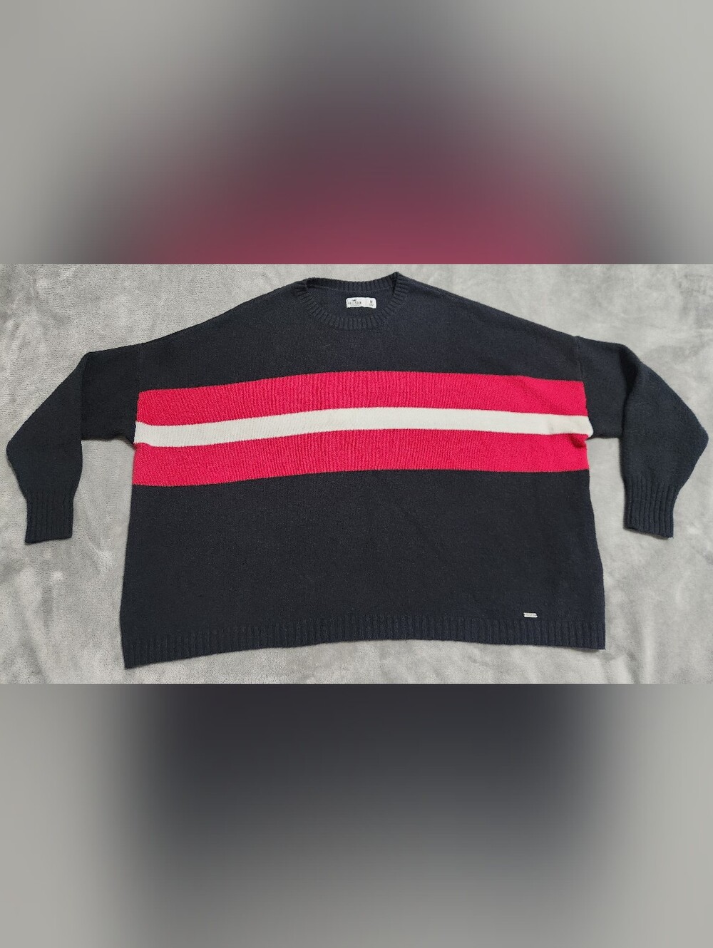Hollister Oversized Striped Crew Neck Sweater - Black, Pink, White - Size M